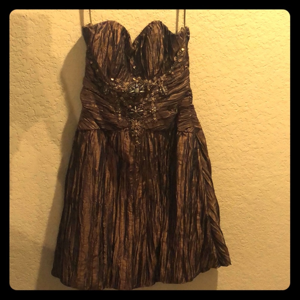 Sue Wong strapless beaded short dress in bronze.